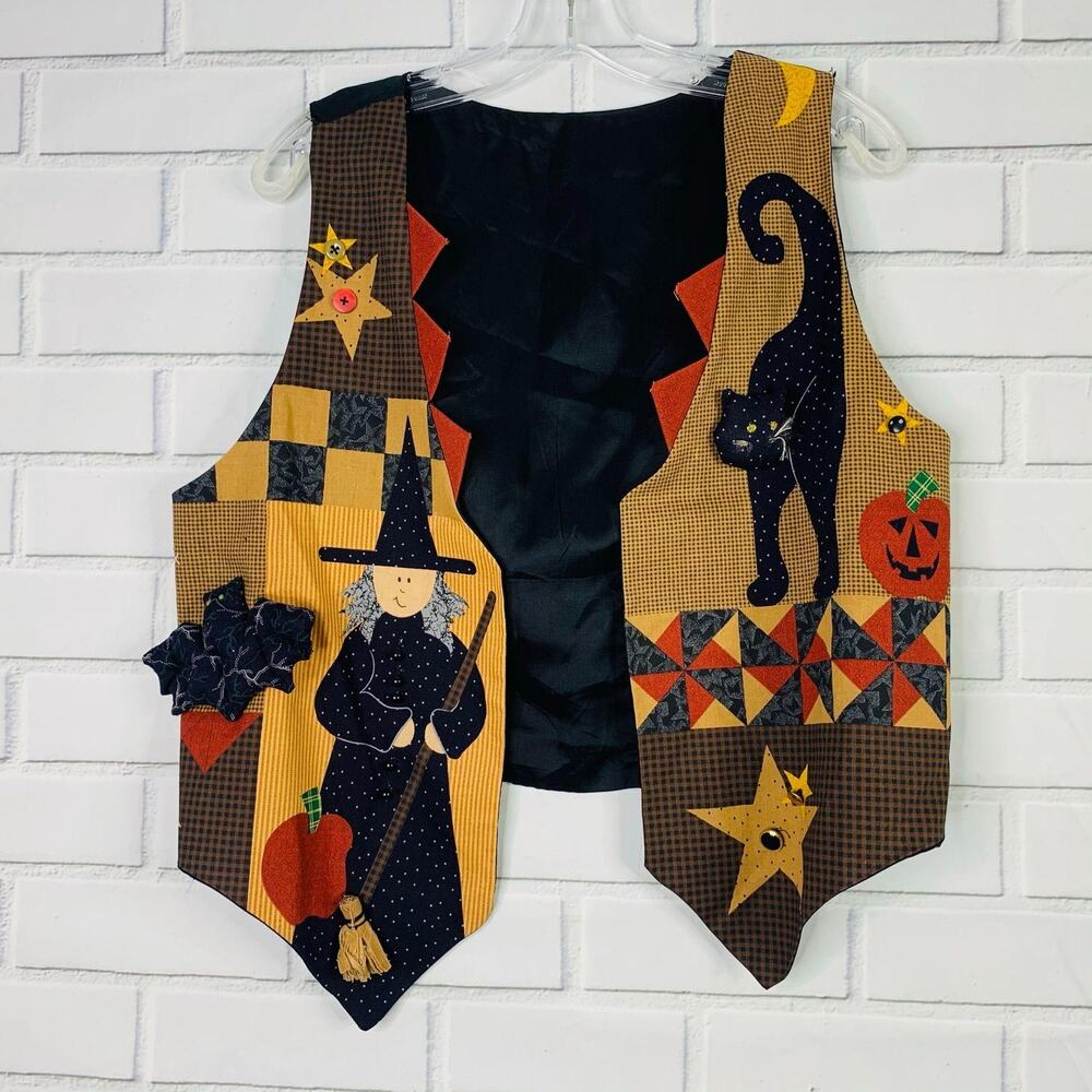 vintage handmade Halloween vest 3D applique patchwork witch cat women size large